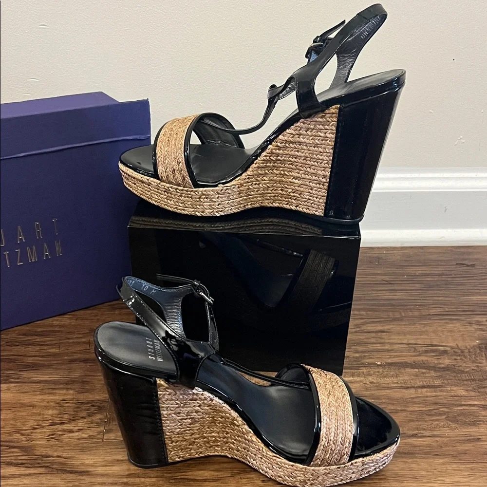 Stuart Weitzman Black Leather and Natural Raffia Wedge Sandals - Picture 3 of 6